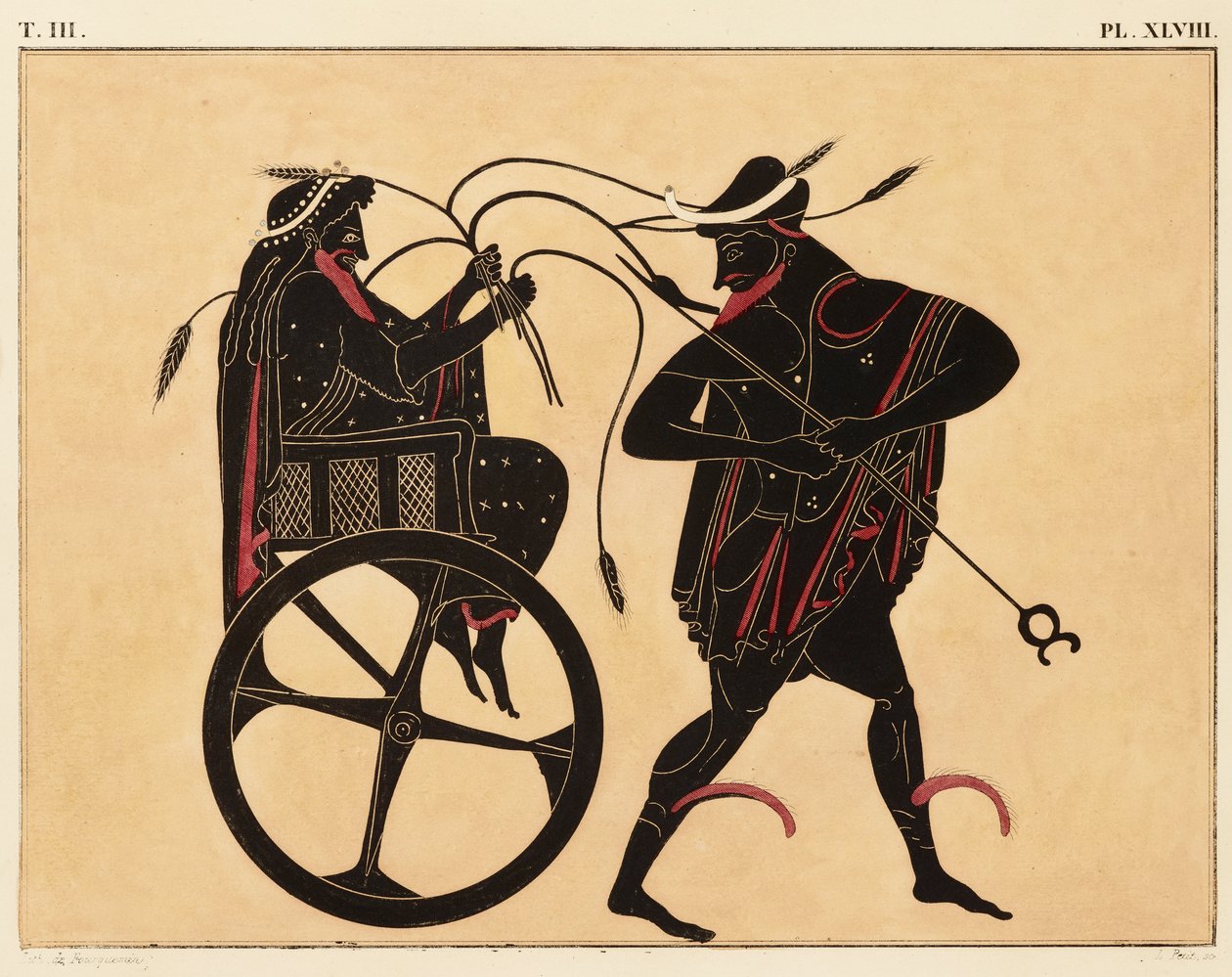 Impressão da decoração em uma ânfora grega, mostrando Triptolemus e Hermes, c. 1858 (aquarela e bodycolour sobre litografia em papel trançado) de Fourquemin Fourquemin