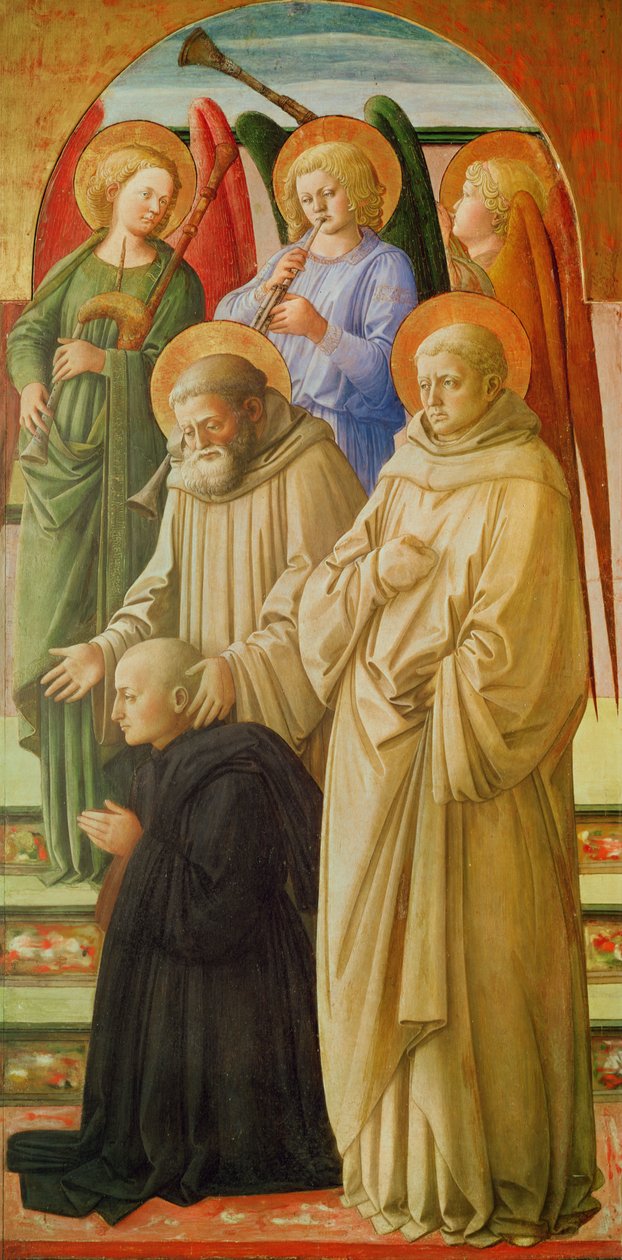Tríptico representando a Coroação da Virgem (painel da direita: os santos dominicanos, músicos angelicais e um monge beneditino) (têmpera no painel) de Fra Angelico