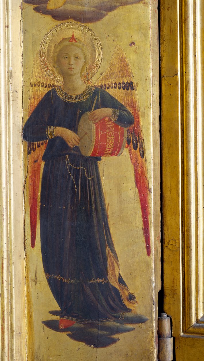 Anjo batendo um tambor, detalhe do tríptico de Linaivoli, 1433 (têmpera no painel) de Fra Angelico