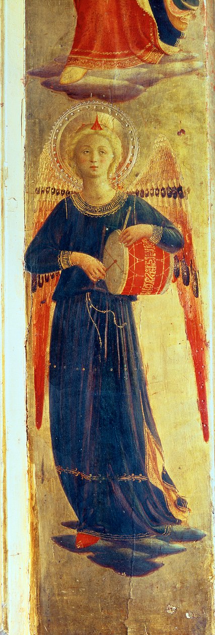 Anjo batendo um tambor do tríptico Linaiuoli, tempera 1433 no detalhe do painel de 75621 de Fra Angelico