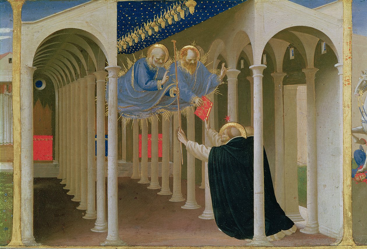 Aparição de SS. Pedro e Paulo a São Domingos, do painel predela da Coroação da Virgem, c.1430-32 (têmpera no painel) de Fra Angelico