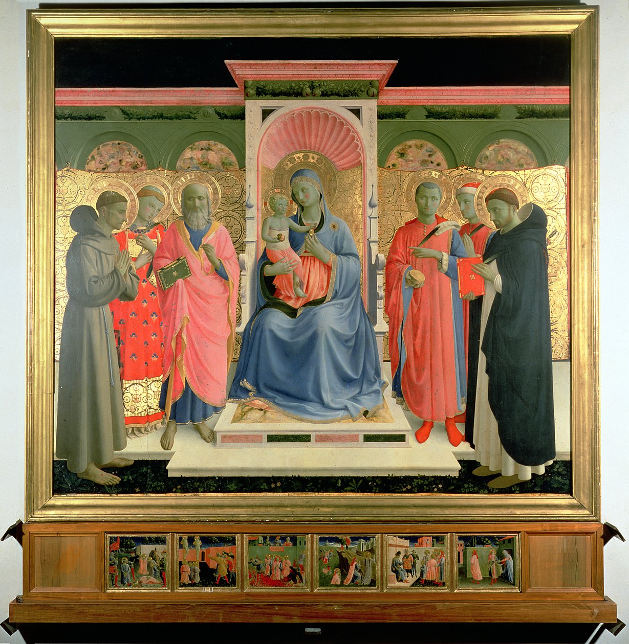 Detalhe do Altarpiece Annalena mostrando a Virgem e o Menino com São Pedro, o Mártir, São Cosme, São Damião, São João Evangelista, São Lourenço e São Francisco (têmpera e folha de ouro no painel de Fra Angelico