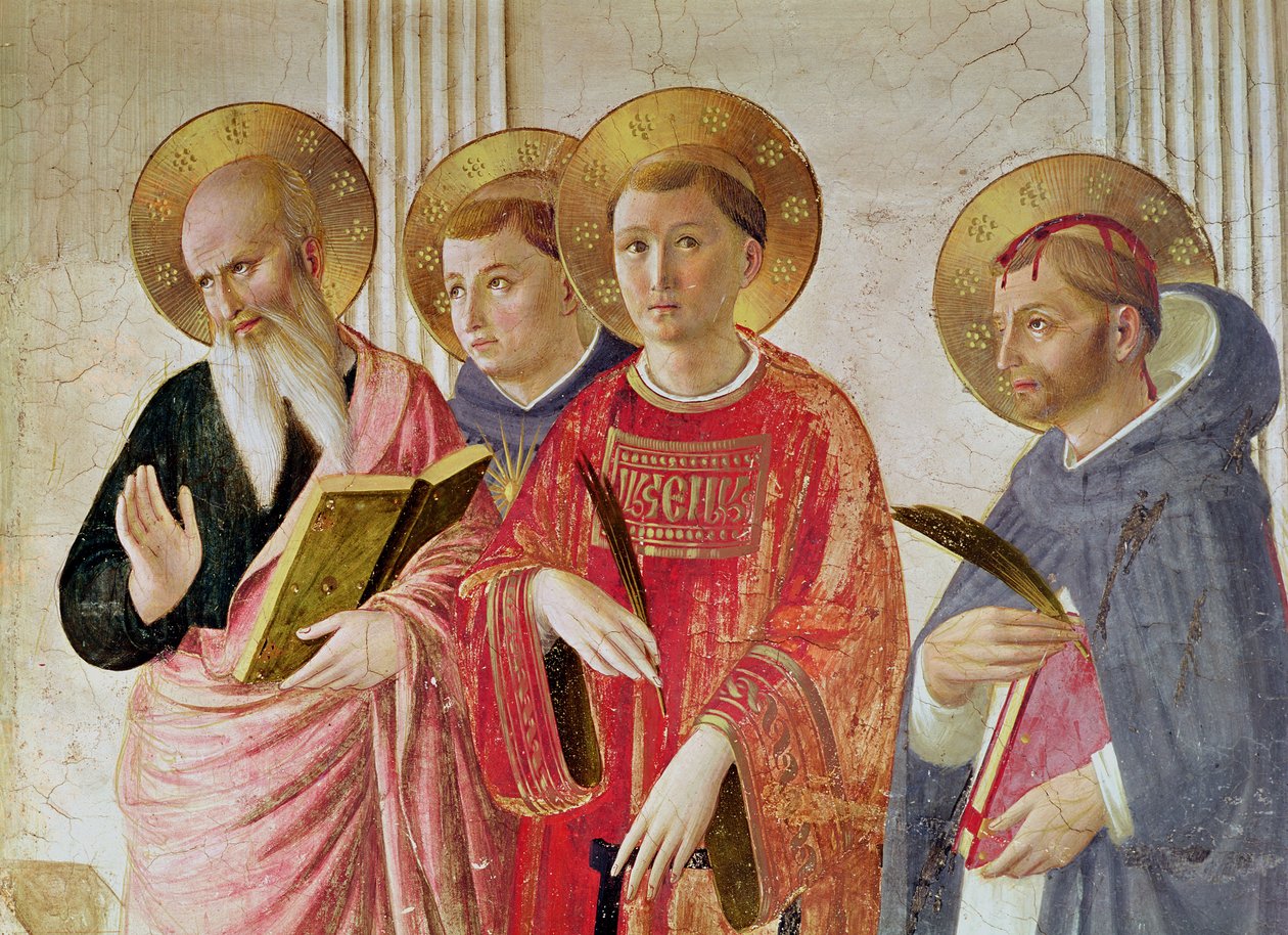 Madonna of the Shadow, detalhe de São João Evangelista, Tomás de Aquino, Lawrence e Pedro Mártir, do primeiro andar de Fra Angelico