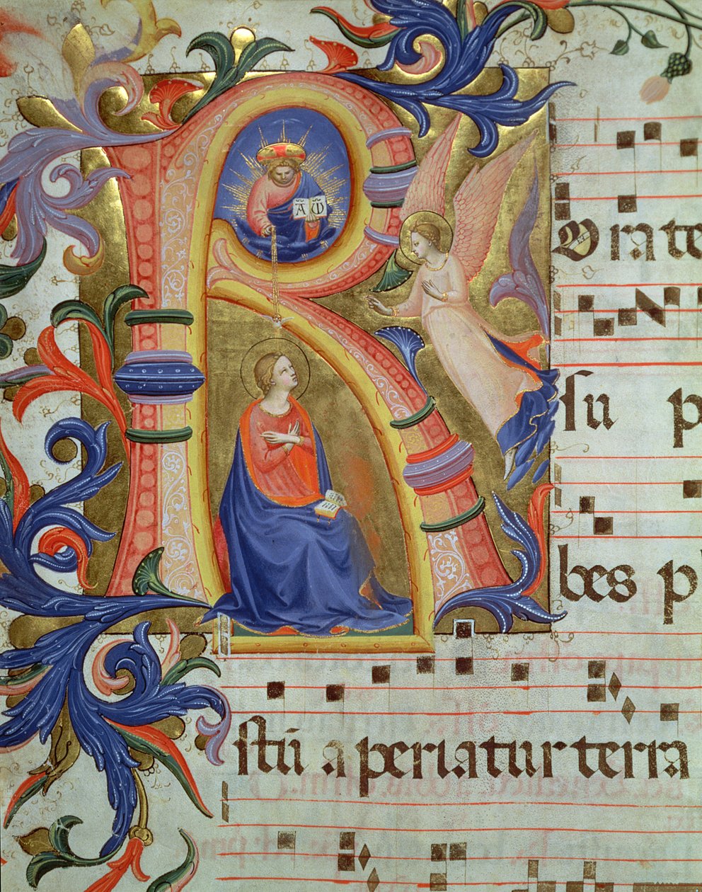 Ms 558 f.33v A Anunciação descrita em um "R" inicial historiated, detalhe de um Missal, início dos anos 1430 (para detalhes ver 88933) de Fra Angelico