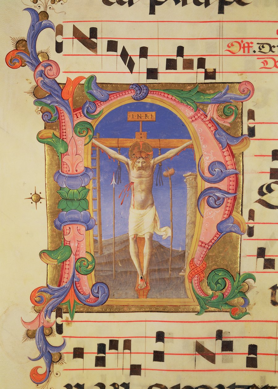 Ms 558 f.45v A Crucificação representada em um detalhe &39;N&39; inicial, historiated, de um Missal, início dos anos 1430 de Fra Angelico