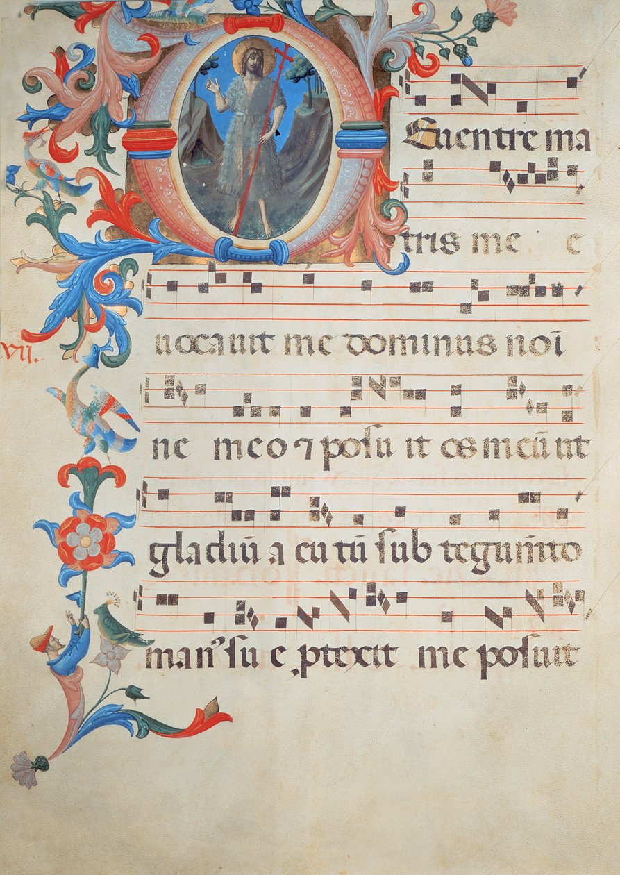 Ms 558 f.55v Página de notação coral com um &39;O&39; inicial historiated representando São João Batista, de um Missal, início de 1430 (para detalhes ver 78834) de Fra Angelico