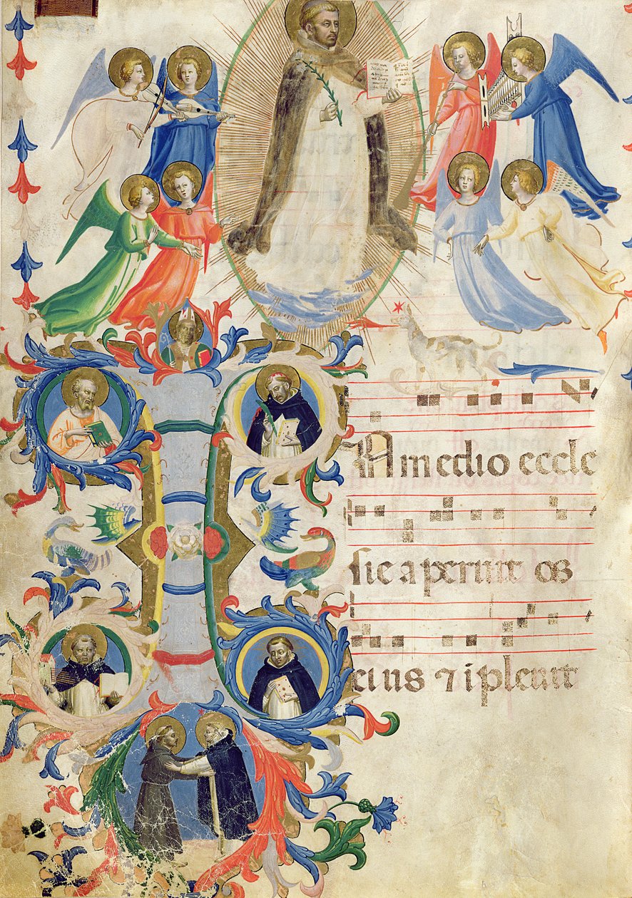 Ms 558 f.67v Página representando St. Dominic e um historiated inicial &39;eu&39; de um livro gradual de San Marco e Cenacoli (para detalhes ver 88937) de Fra Angelico