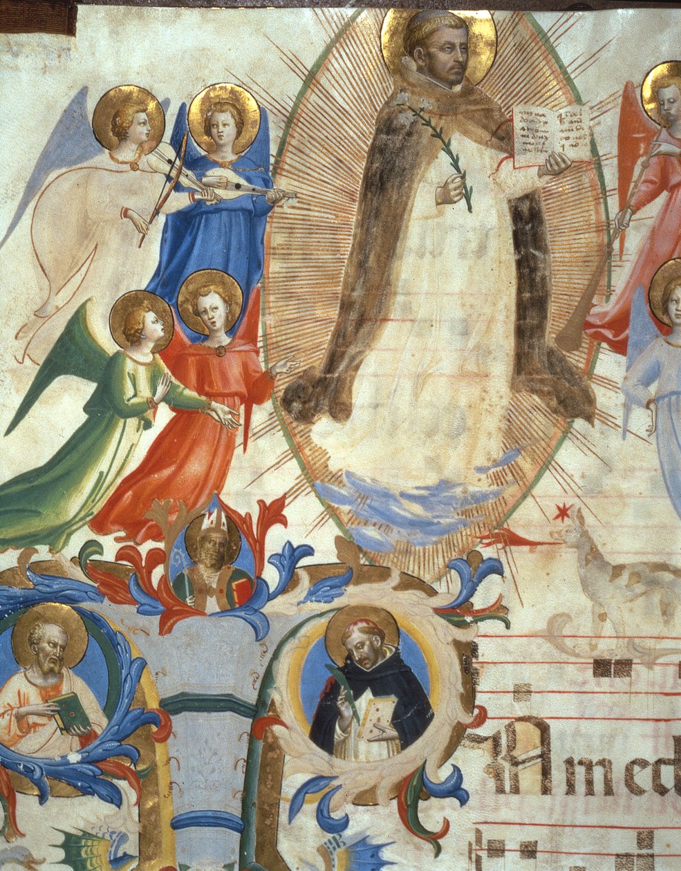 Ms 558 f.67v St. Dominic cercado por músicos anjos, detalhe de um Missal, início de 1430 detalhe de pergaminho de 88937 de Fra Angelico