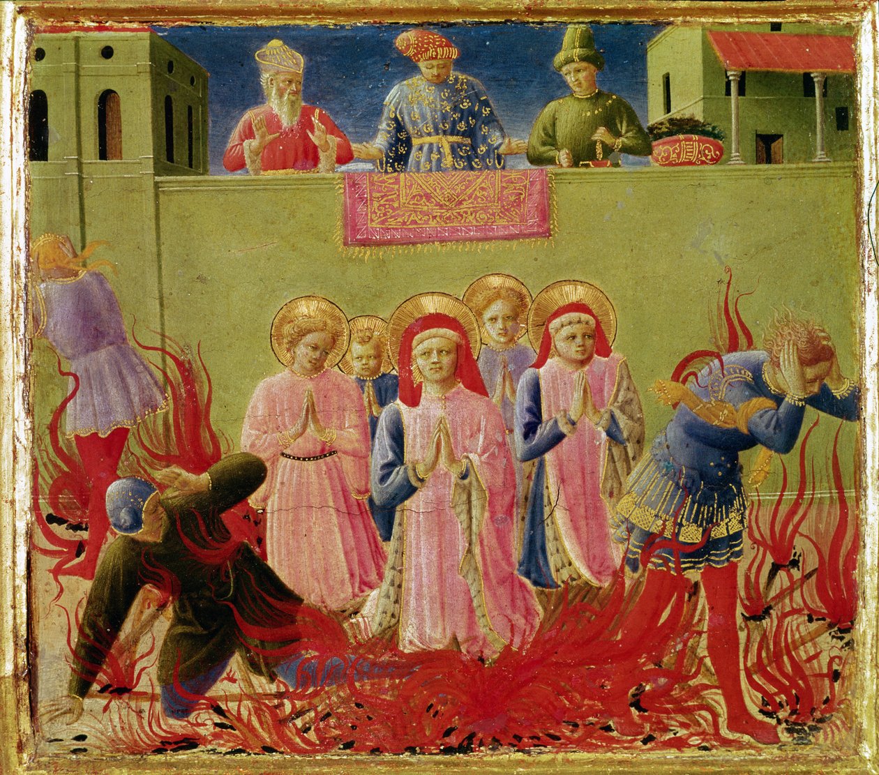 SS. Cosmas e Damian Condenados a Queimar na Estaca, predella do Retábulo de Annalena, 1434 (têmpera no painel) de Fra Angelico