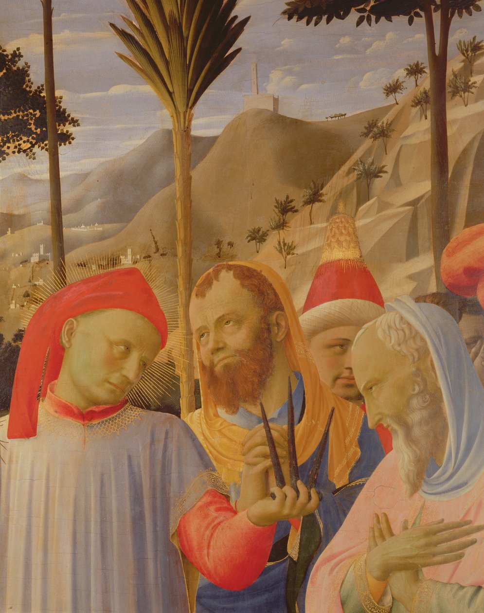 Retábulo de Santa Trinita, detalhe mostrando um grupo de homens, possivelmente incluindo Nicodemos e José de Arimatéia, c.1434 (têmpera e ouro no painel) de Fra Angelico