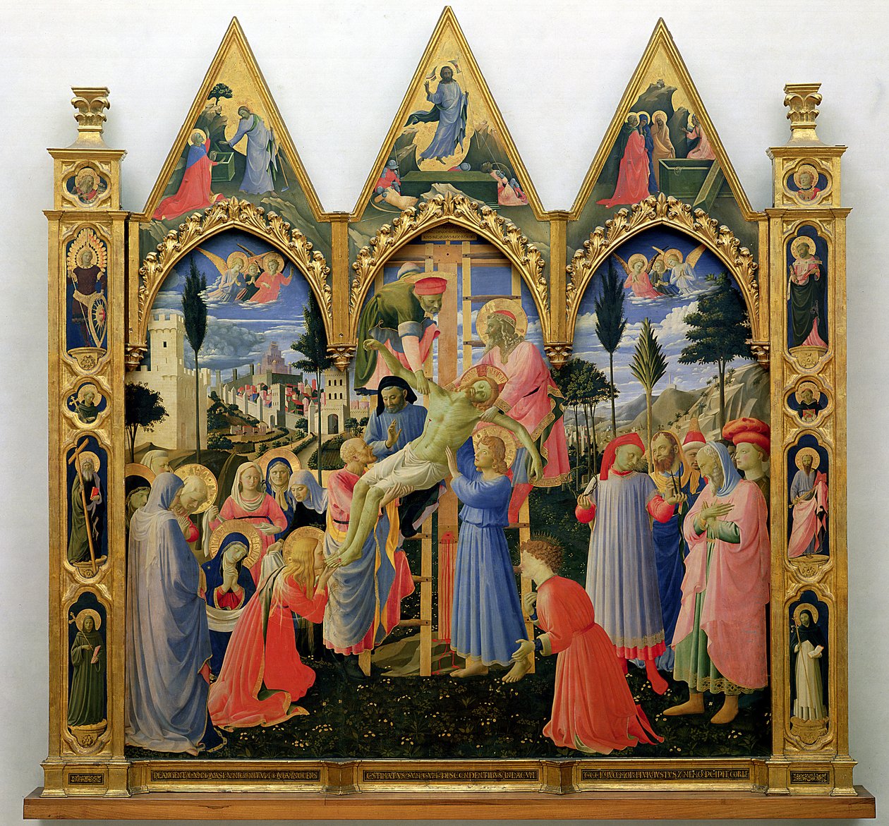 Santa Trinita Retábulo, moldura e pináculos de Lorenzo Monaco (Piero di Giovanni) (c. 1370-1425) completados c.1434 (têmpera e ouro no painel) de Fra Angelico