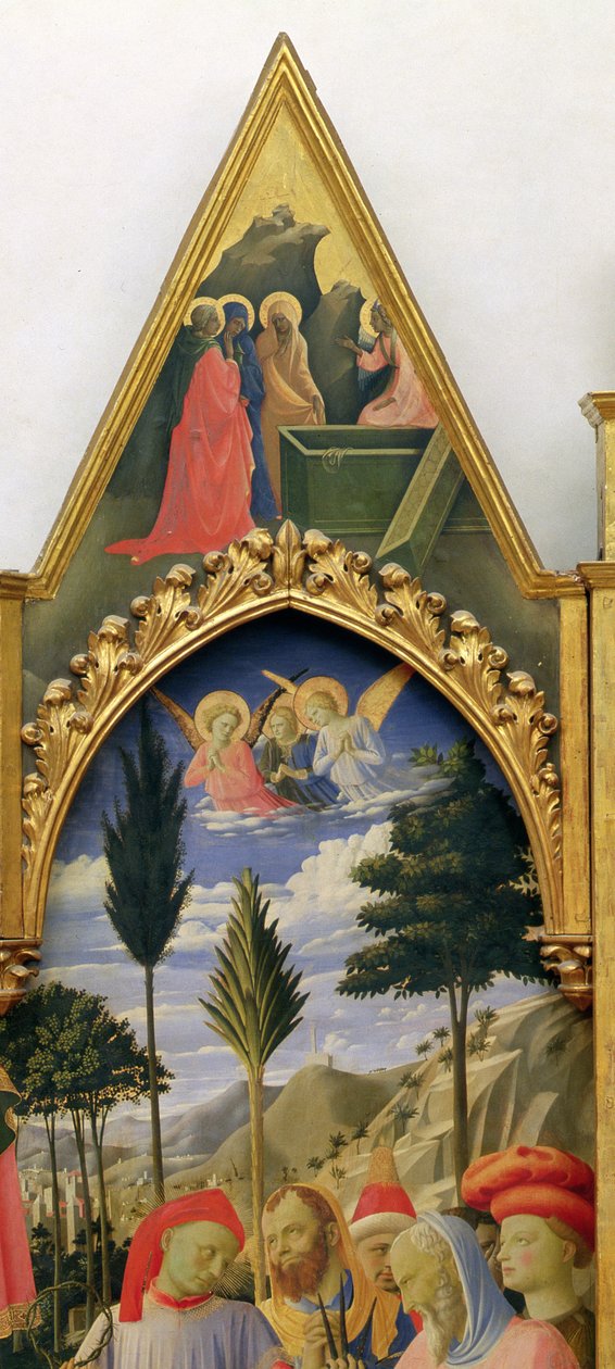 Retábulo de Santa Trinita, moldura e pináculos por Lorenzo Monaco Piero di Giovanni c.1370-1425 completou c.1434 têmpera & ouro no detalhe do painel de 43967 de Fra Angelico