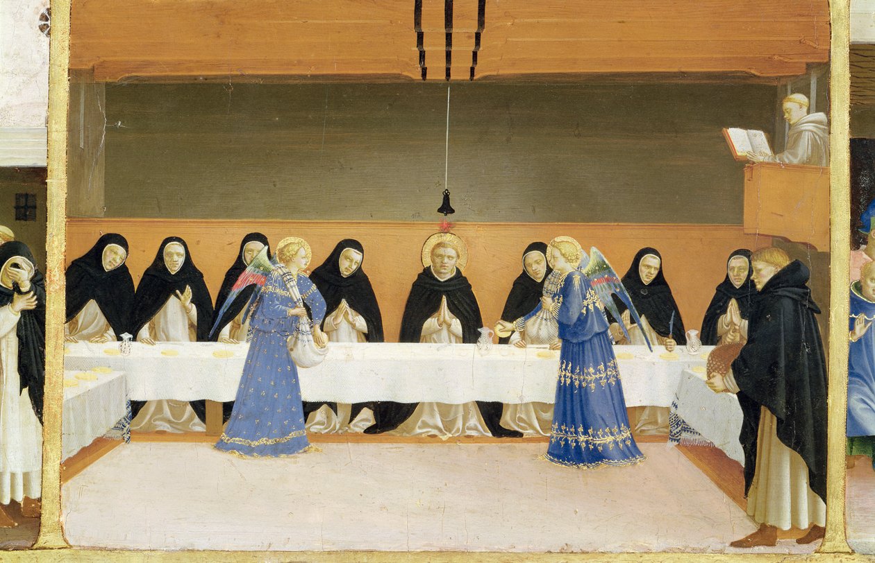 São Domingos e seus Companheiros, alimentados por Anjos, do painel de predelas da Coroação da Virgem, c.1430-32 (têmpera no painel) de Fra Angelico