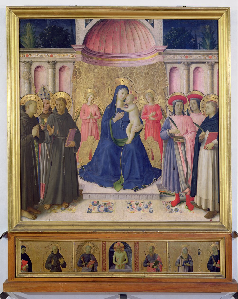 O Retábulo Bosco ai Frati: A Virgem e o Menino entronados com dois anjos entre SS. Antônio de Pádua, Luís de Toulouse e Francisco e SS. Cosme e Damião e Pedro, o Mártir, 1452 (tempera de Fra Angelico