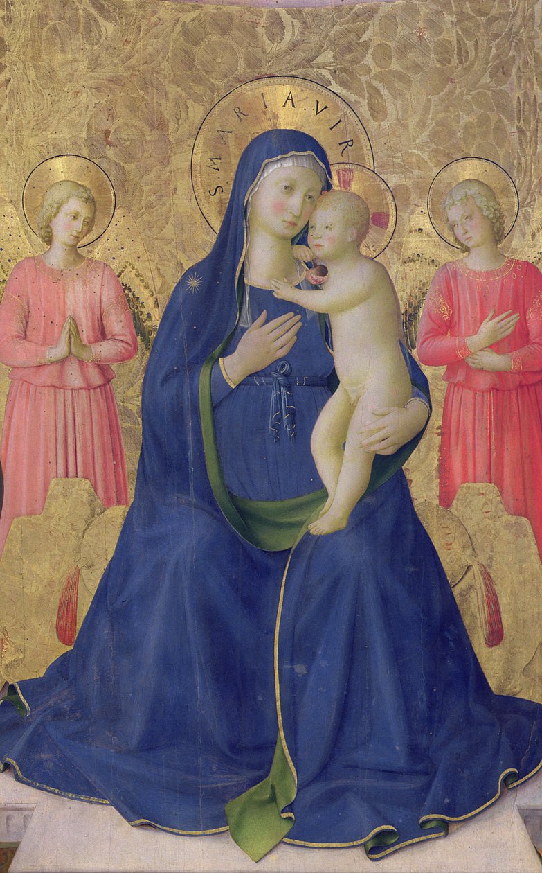 O Retábulo Bosco ai Frati: A Virgem e o Menino entronados com dois anjos, 1452 têmpera sobre o detalhe do painel de 43968 de Fra Angelico