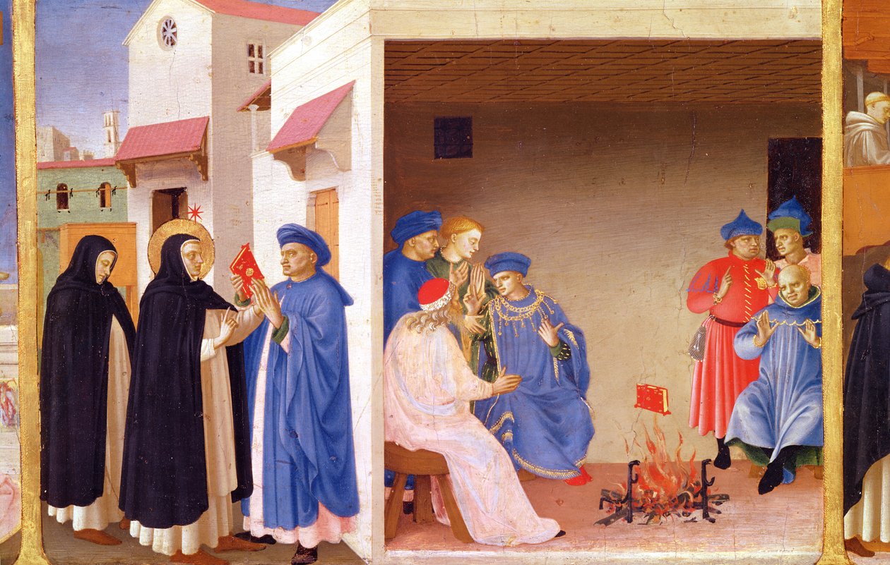 A Coroação da Virgem, detalhe de São Domingos devolvendo o livro aos albigenses, c.1430-32 (têmpera no painel) de Fra Angelico