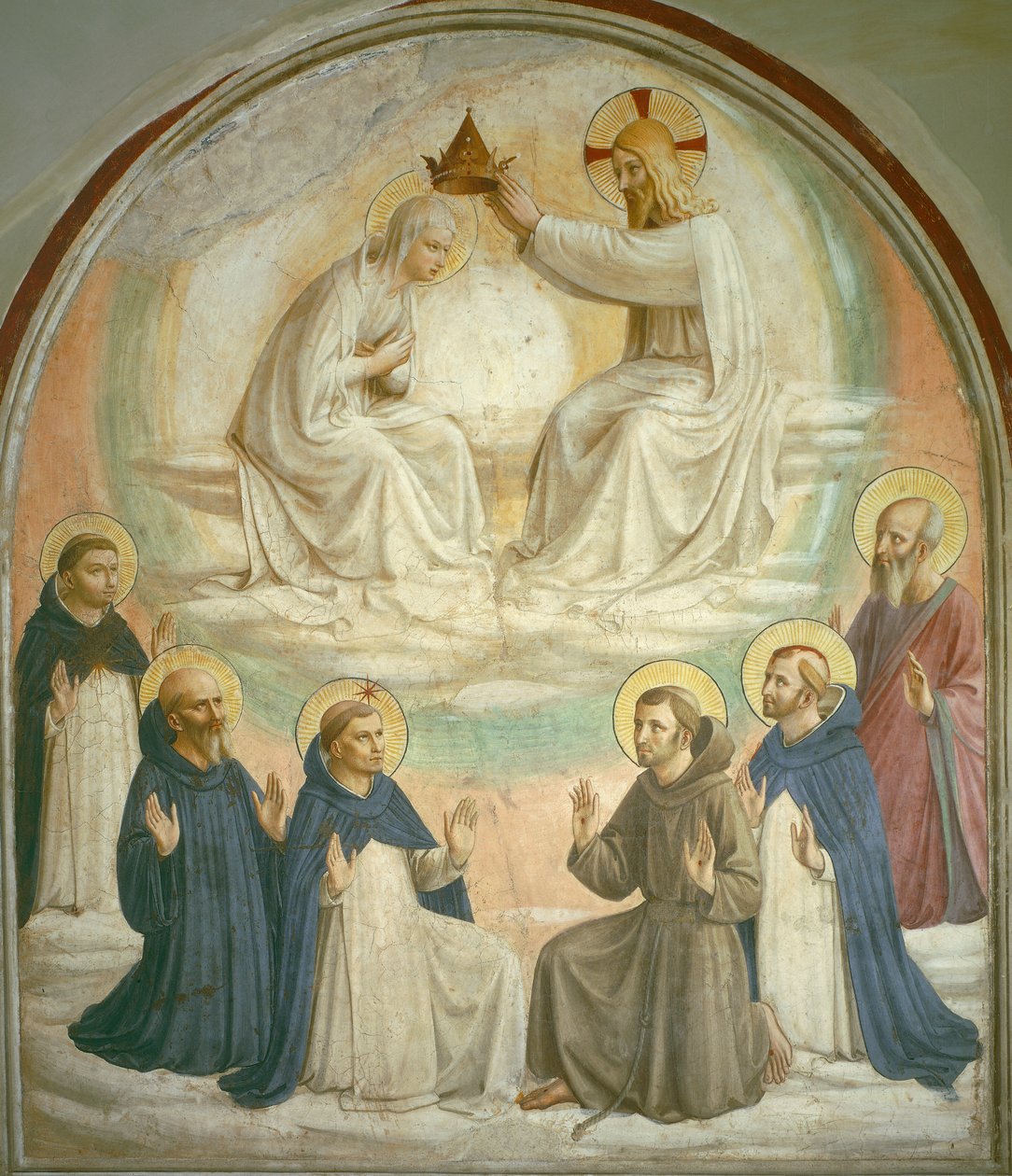 A Coroação da Virgem, com os Santos Tomás, Bento, Domingos, Francisco, Pedro, o Mártir e Paulo, 1442 de Fra Angelico