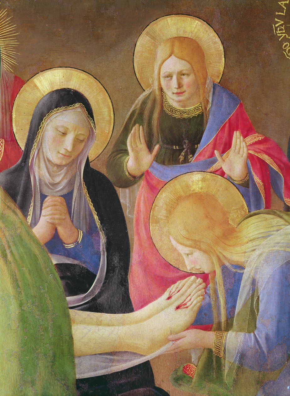 A lamentação de Cristo detalhe de Maria Madalena beijando pés de Cristo, 1436 têmpera sobre madeira de Fra Angelico