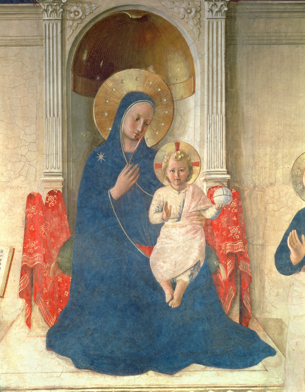 A Virgem e a Criança Enthroned, detalhe da Madonna delle Ombre, 1450 afresco de Fra Angelico