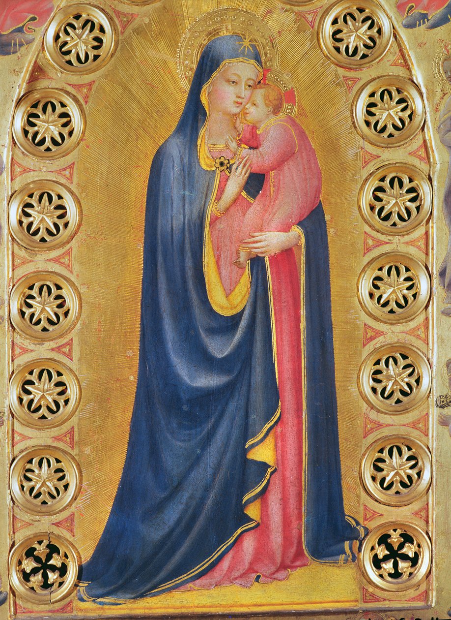 Virgem e Criança também chamada Virgem e a Estrela (detalhe da Virgem) (óleo e folha de ouro na madeira) de Fra Angelico
