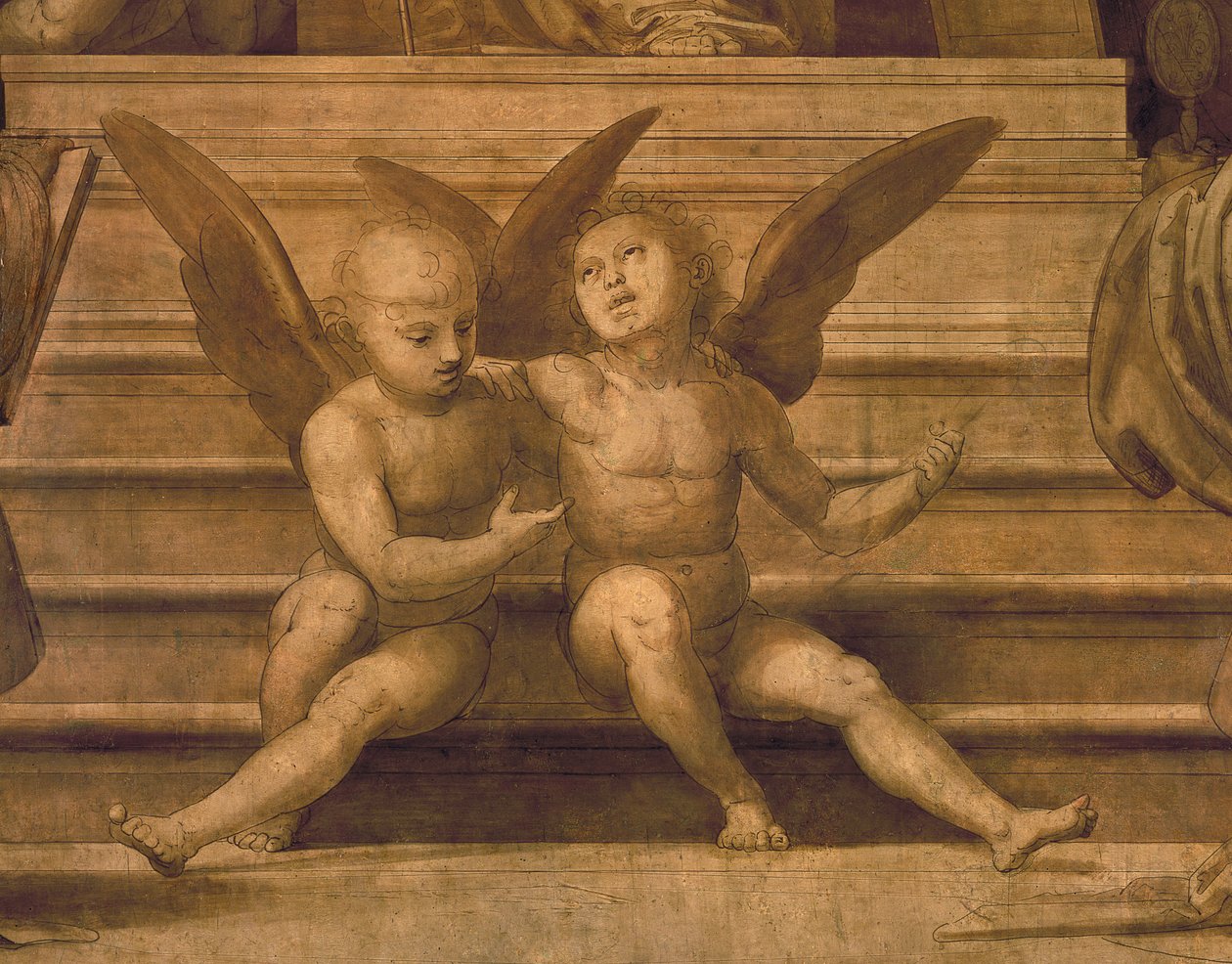 Detalhe, de, dois, anjos, de, palazzo del gran consiglio, caneta, e, lavagem de Fra Bartolommeo