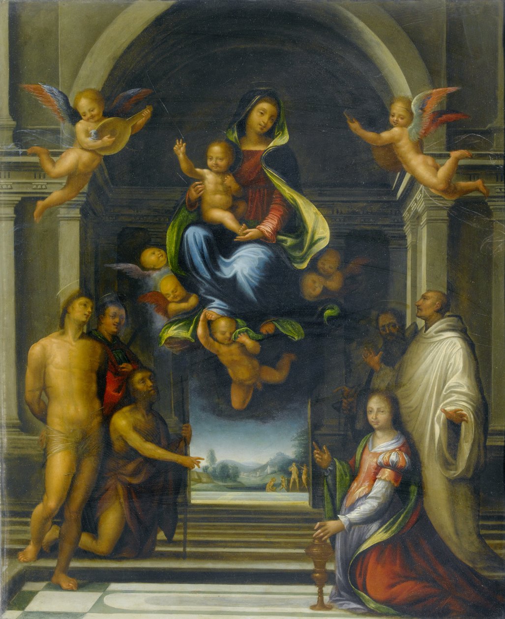 A Virgem e o Menino Cercados pelos Santos, c.1570-1674 óleo sobre cobre de Fra Bartolommeo