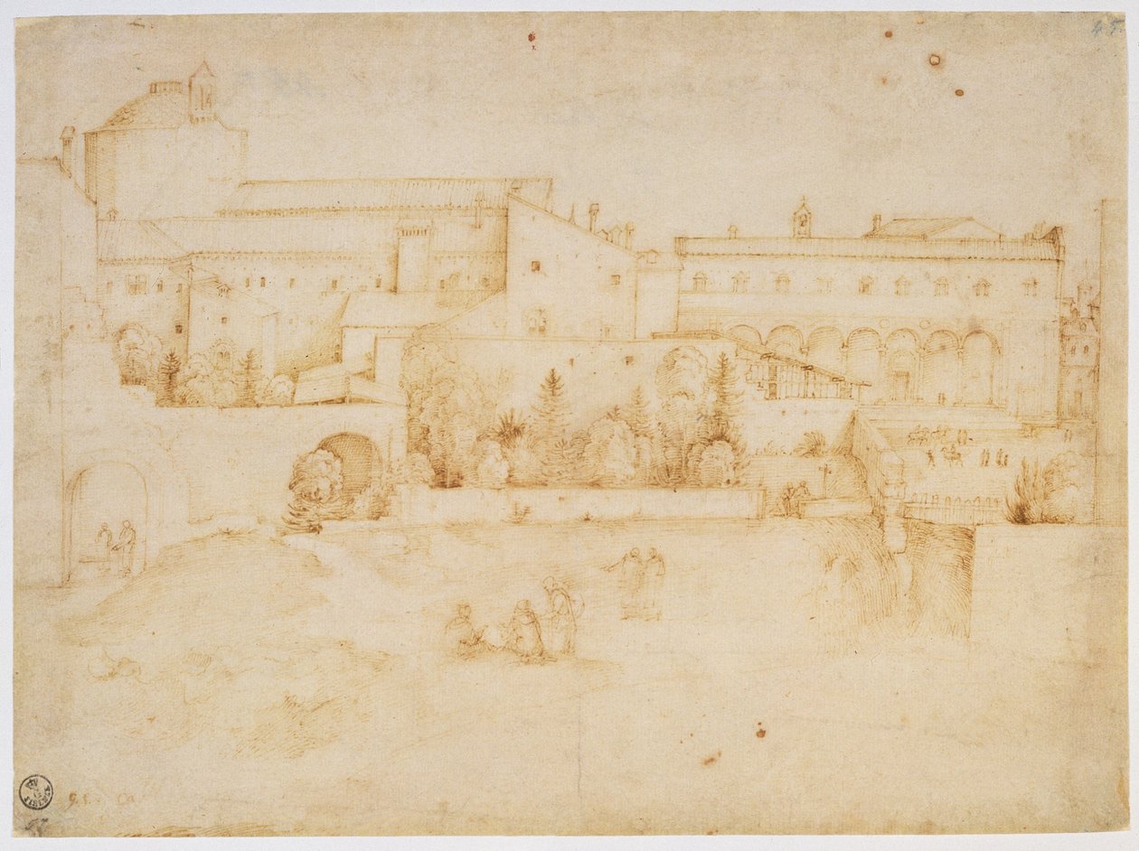 Vista da Igreja e Convento de Santa Croce, Florença (tinta marrom sobre papel) de Fra Bartolommeo