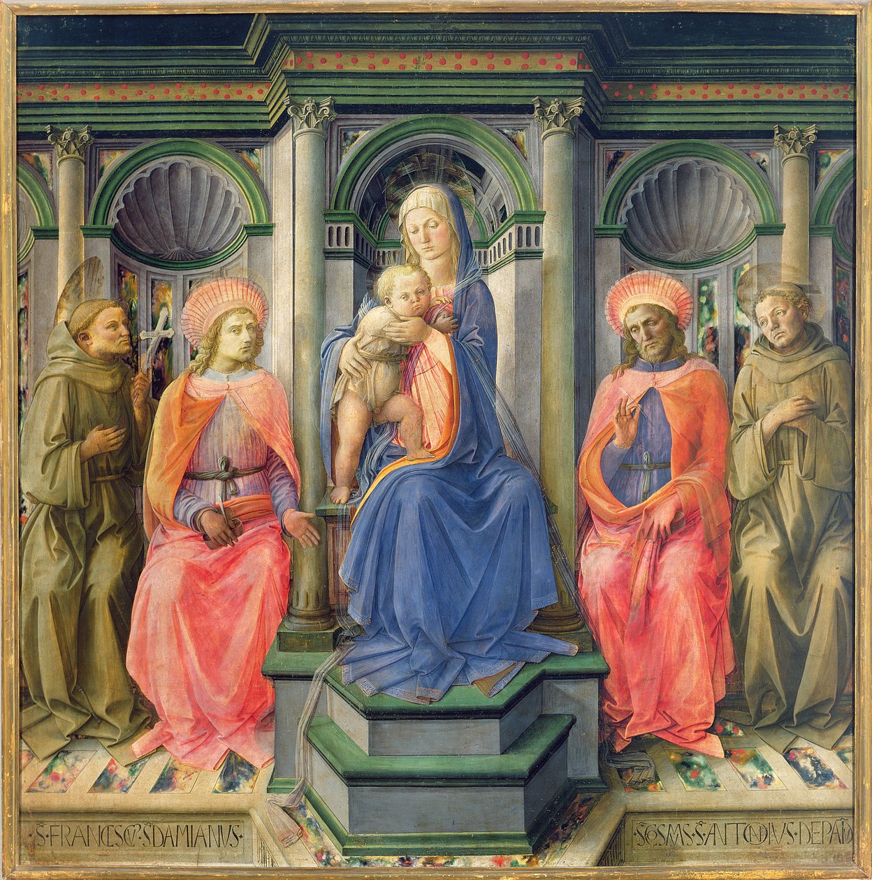 Madonna e criança entronizados com SS. Francis, Cosmas, Damian e Anthony de Pádua, c.1442-45 (têmpera no painel) (para painéis de predella ver 85691-93) de Fra Filippo Lippi
