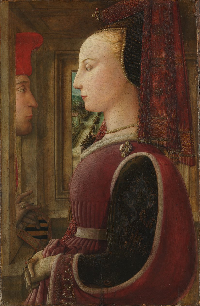Retrato de uma mulher com um homem em um caixilho, c.1440 (têmpera sobre madeira) de Fra Filippo Lippi