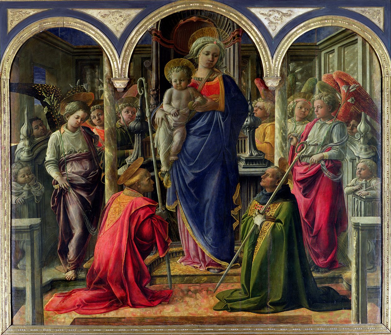 O Retábulo de Barbadori: Virgem e Menino rodeado de anjos com São Frediano e Santo Agostinho, 1437 de Fra Filippo Lippi