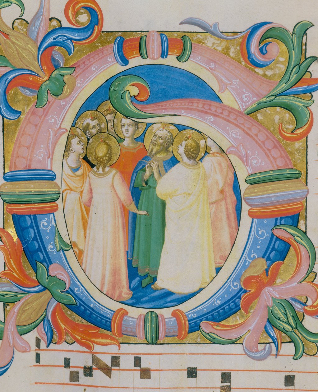 Grupo de santos, miniatura ilustrada em um Missal (c. 9, verso), de Fra Angelico