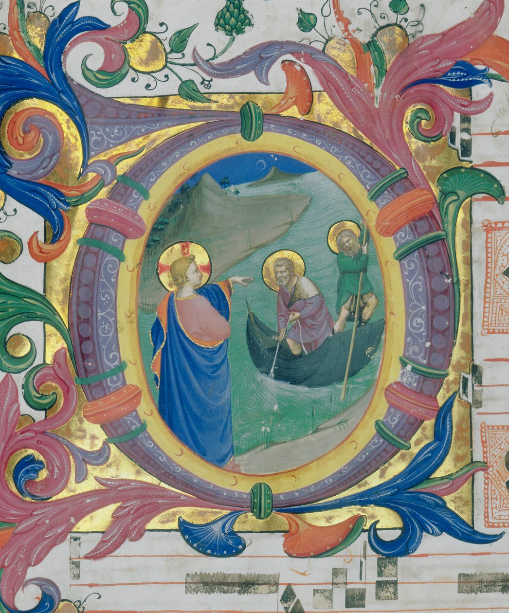 O chamado de Simão Pedro e André. Miniatura ilustrada em um missal (c. 9, verso) de Fra Angelico