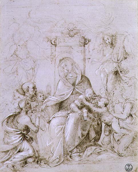 Madonna e Criança entronizadas com São João Batista apresentadas por um anjo e Santa Mônica (caneta e tinta sobre papel) de Fra Bartolomeo