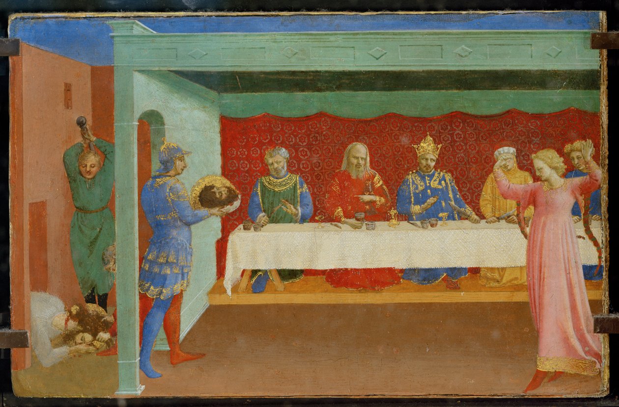 Predela de um retábulo: A decapitação de São João Batista e a festa de Herodes, com Salomé a dançar ... de Fra (c.1387 1455) Angelico