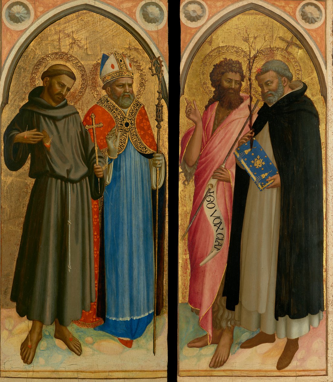 São Francisco e um santo bispo, São João Batista e São Domingos, finais de 1420 (têmpera e folha de ouro sobre painel) de Fra (c.1387 1455) Angelico
