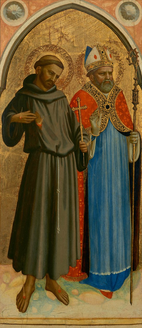 São Francisco e um santo bispo, finais de 1420 (têmpera e folha de ouro sobre painel) de Fra (c.1387 1455) Angelico