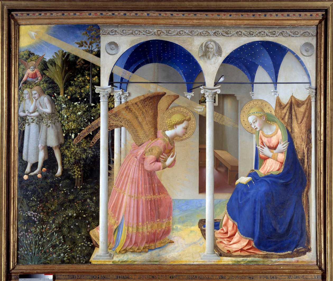A Anunciação (ao fundo, Adão e Eva expulsos do Paraíso), c. 1445 (têmpera e ouro sobre painel) de Fra (c.1387 1455) Angelico