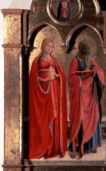 Virgem e Filho Entronizados com Quatro Anjos, detalhe de São João Evangelista e Maria Madalena, do Polittico di San Domenico (detalhe de 43910) de Fra (c.1387 1455) Angelico