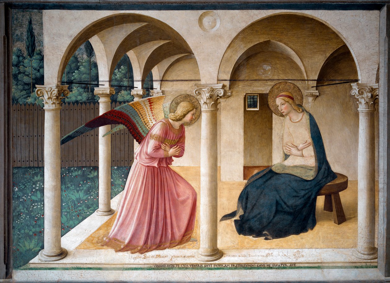 Anunciação. Fresco por Guido di Pietro (ou Fra Giovanni da Fiesole) conhecido como Fra Angelico ou il Beato (1400-1455). 1442 230 cm x 321 cm Museu de San Marco, Florença. de Fra  Angelico