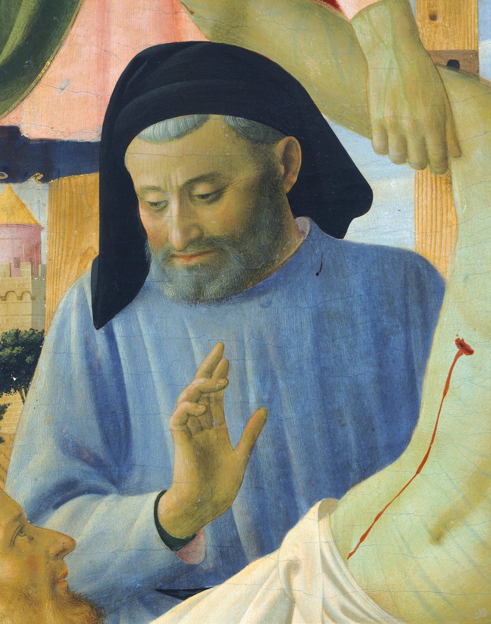 Arquiteto Michelozzo, detalhe de A Deposição da Cruz ou o Retábulo da Santíssima Trindade, por volta de 1432, de Giovanni da Fiesole conhecido como Fra Angelico (1400-ca 1455), têmpera sobre madeira de Fra (c.1387 1455) Angelico