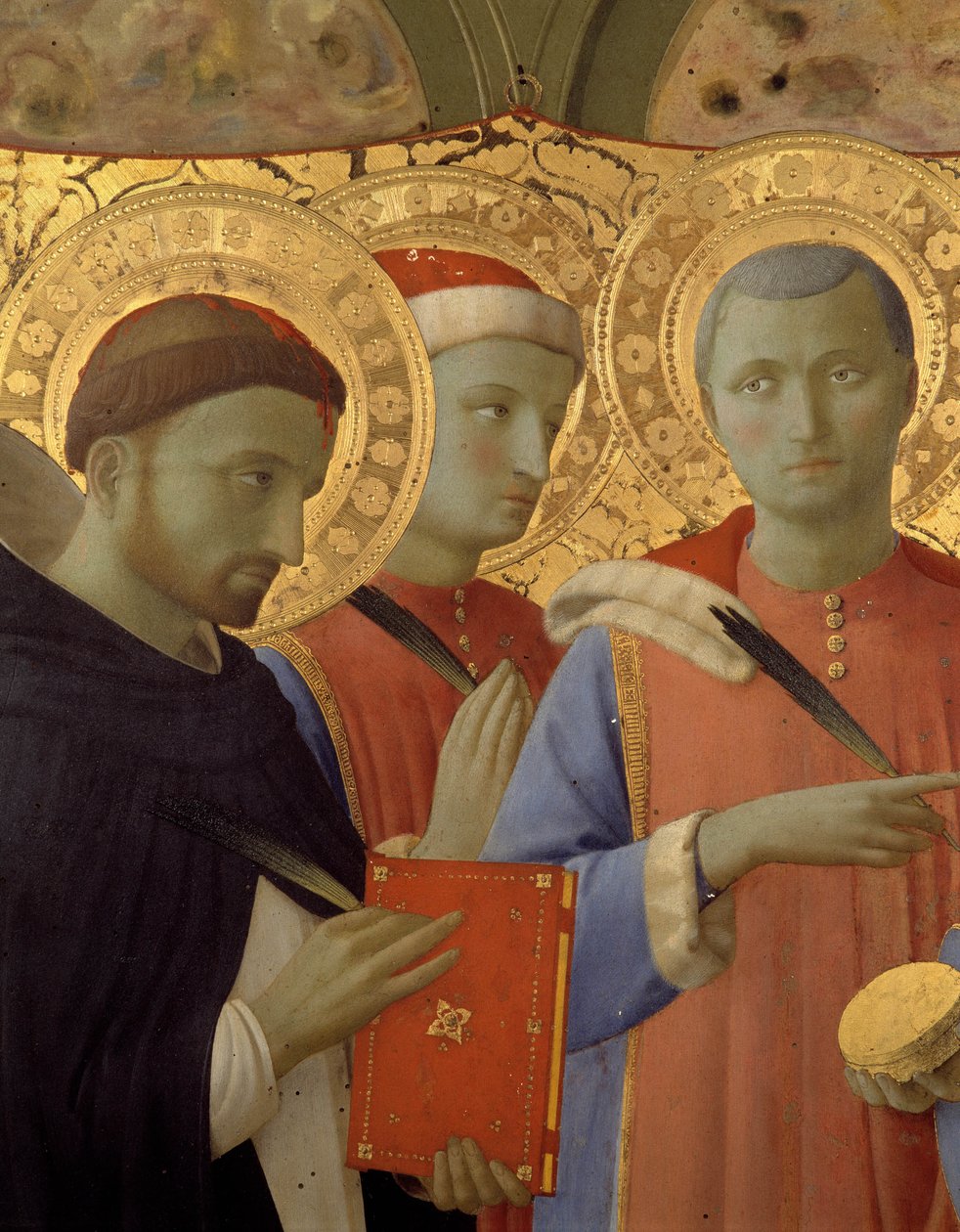 Detalhe do retábulo de Annalena: Retratos de São Pedro Mártir, São Cosimo (Vem ou Cosimo) e São Damien (tempera sobre madeira) de Fra  Angelico