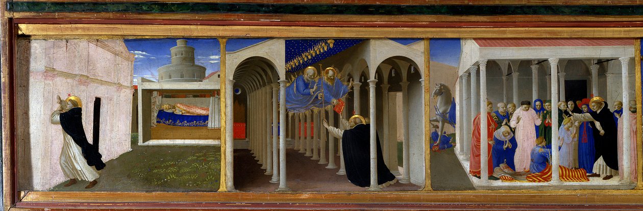 Da esquerda para a direita, Santa Domingas (1170-1221) e Papa Inocêncio III (1160-1216), aparição de São Pedro e São Paulo a Santa Domingas, e uma cena de ressurreição operada miraculosamente pelo santo" Parte esquerda da predela do retábulo "O Coro de Fra  Angelico