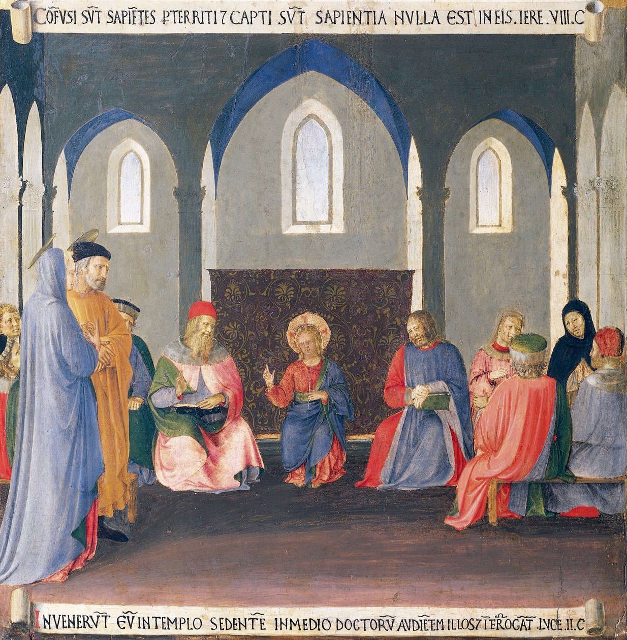Inset retratando a disputa com os médicos do Templo, painel do Armadio degli Argenti (Peito de Prata) com vida de Jesus de Fra (c.1387 1455) Angelico