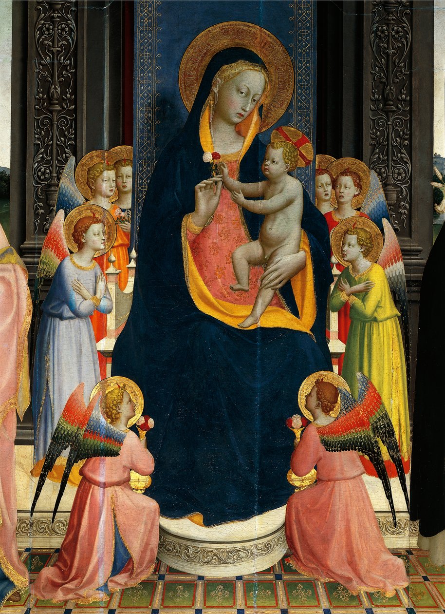 Madonna and Child Enthroned with Saints por Giovanni da Fiesole conhecido como Fra Angelico (1400-cerca de 1455), têmpera sobre madeira, detalhe de Fra (c.1387 1455) Angelico