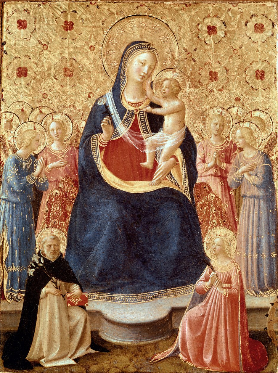 Madona e Menino com anjos, São Domingos e Santa Catarina de Alexandria, c.1435 (têmpera e ouro sobre painel) de Fra (c.1387-1455) Angelico