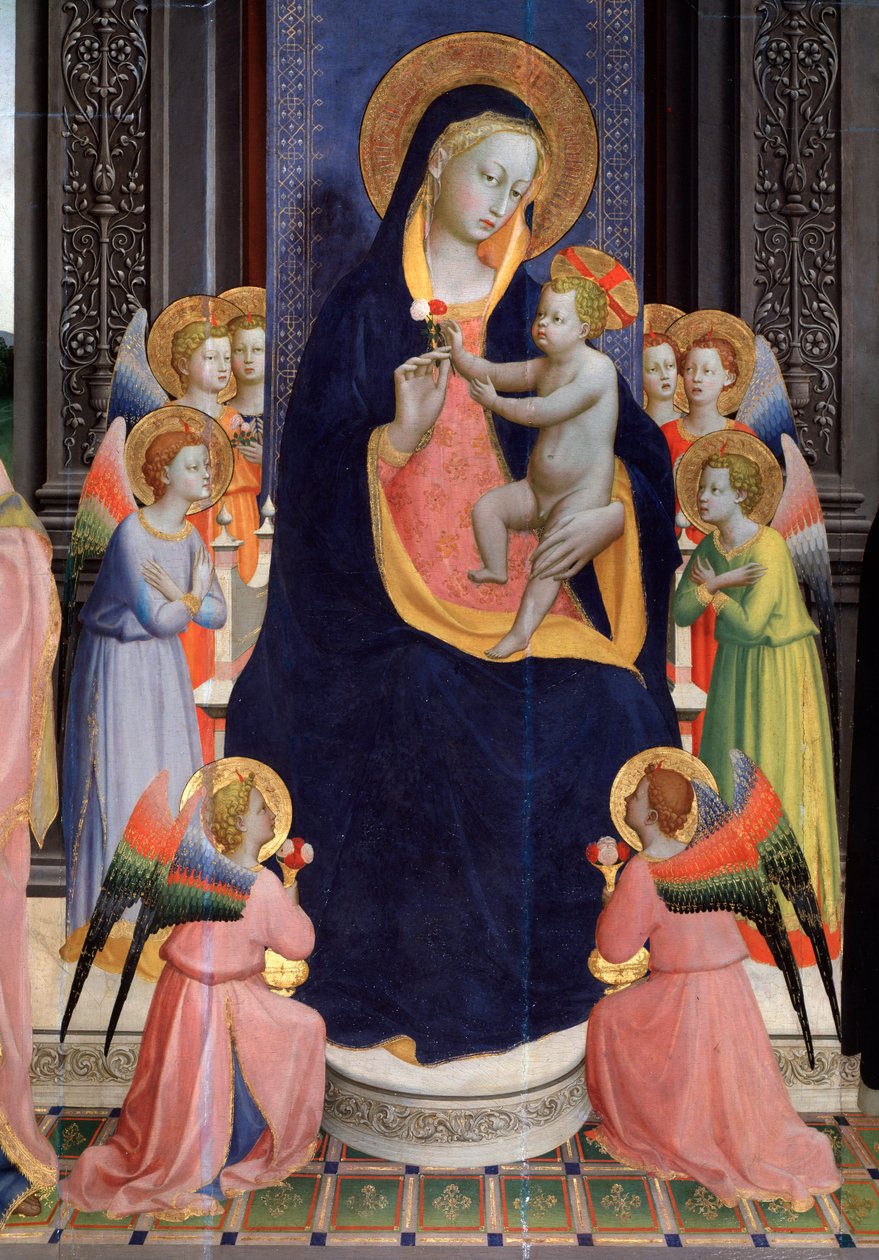 Madonna e criança com anjos. Detalhe do retábulo de São Domingos ou Pala di Fiesole (tempera sobre madeira, c.1424-1428) de Fra  Angelico