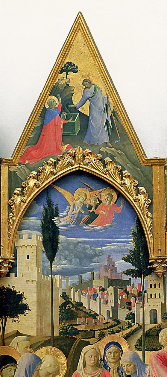 Altarpe Santa Trinita, moldura e pináculos de Lorenzo Monaco (Piero di Giovanni) (c.1370-1425) concluído c.1434 (tempera e ouro no painel) (detalhe de 43967) de Fra  Angelico