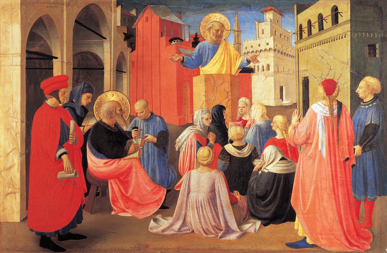 São Pedro pregando o Evangelho a São Marcos, detalhe da predela do Tabernáculo dos Cortinas de Linho de Fra (c.1387 1455) Angelico