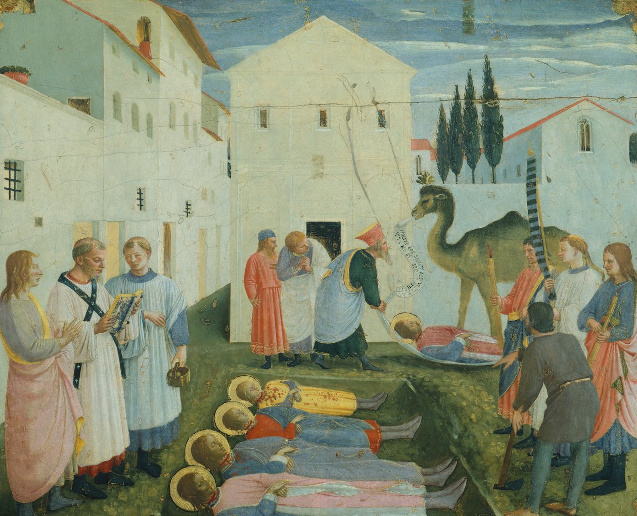 O Enterro dos Santos Cosmas e Damião, imagens predadoras da história de São Cosmas e São Damião de São Marco Altarpiece, cerca de 1443 (tempera sobre madeira) de Fra  Angelico