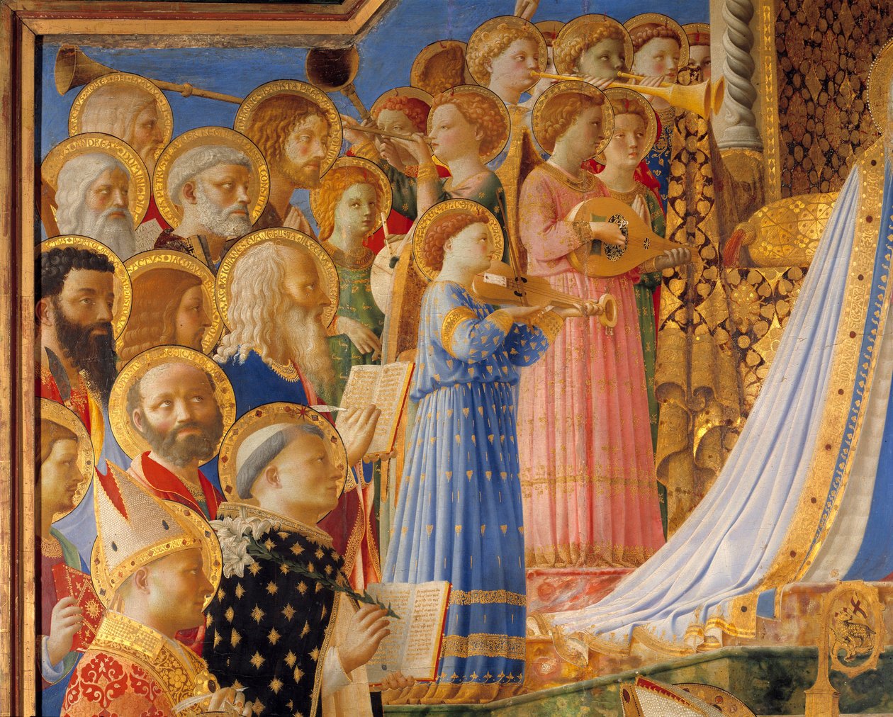 A Coroação da Virgem, detalhe de Santos e Anjos músicos. Pintura de Guido di Pietro (ou Fra Giovanni da Fiesole) dit Fra Angelico ou il Beato (1387-1455) de Fra  Angelico
